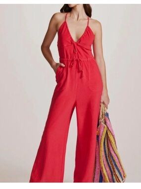 Red V-Neck Wide-Leg Jumpsuit with Drawstring Waist